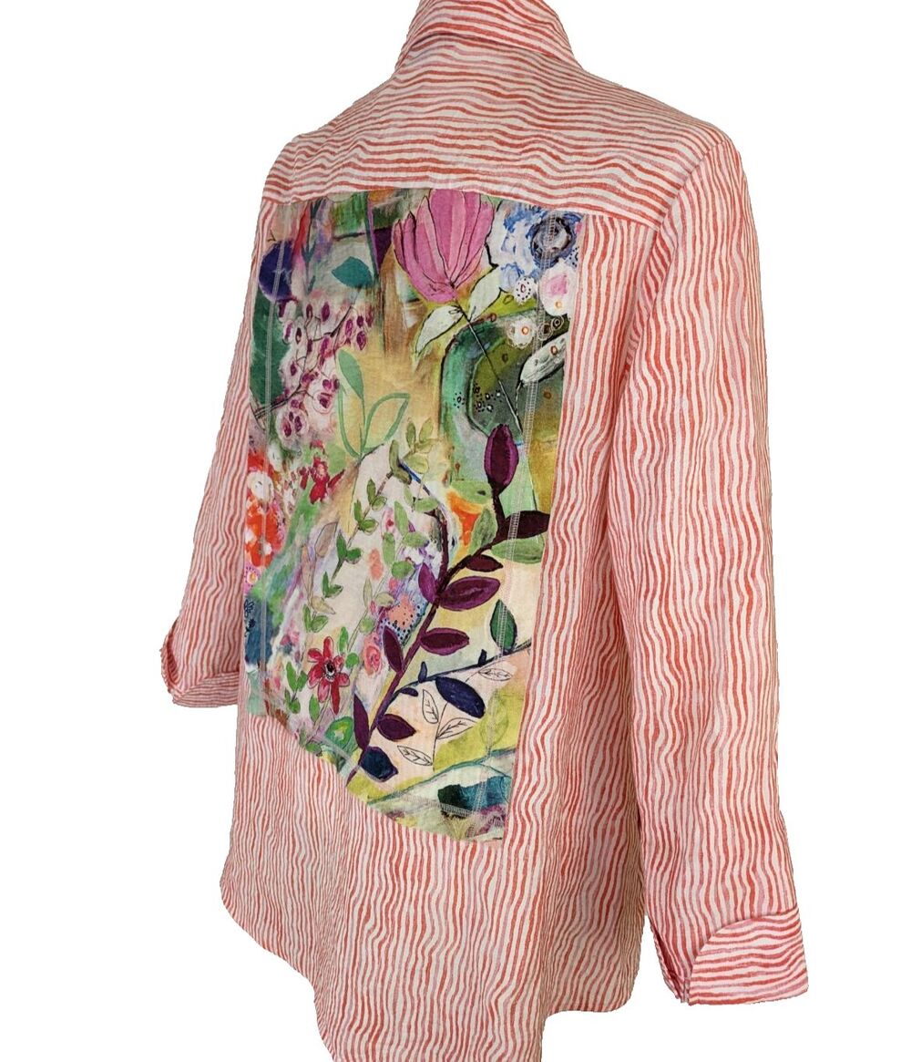Shana Womens SM Pink Striped Floral Art To Wear Button Front Shirt Tunic Top
